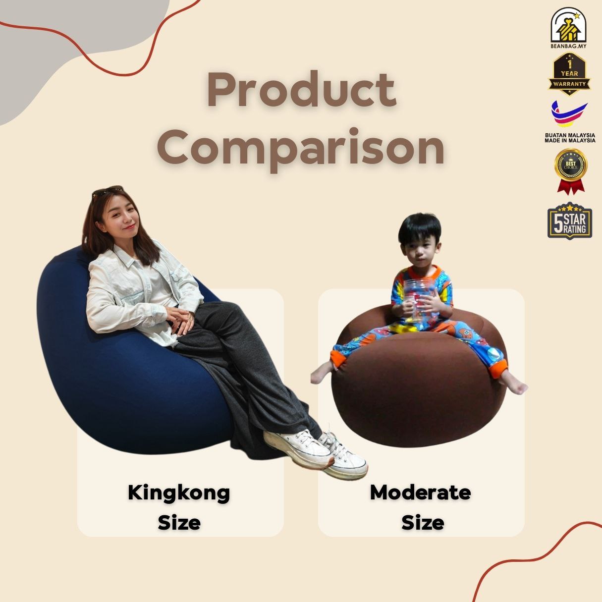 Product comparison showing King Kong Size and Moderate Size bean bags side by side